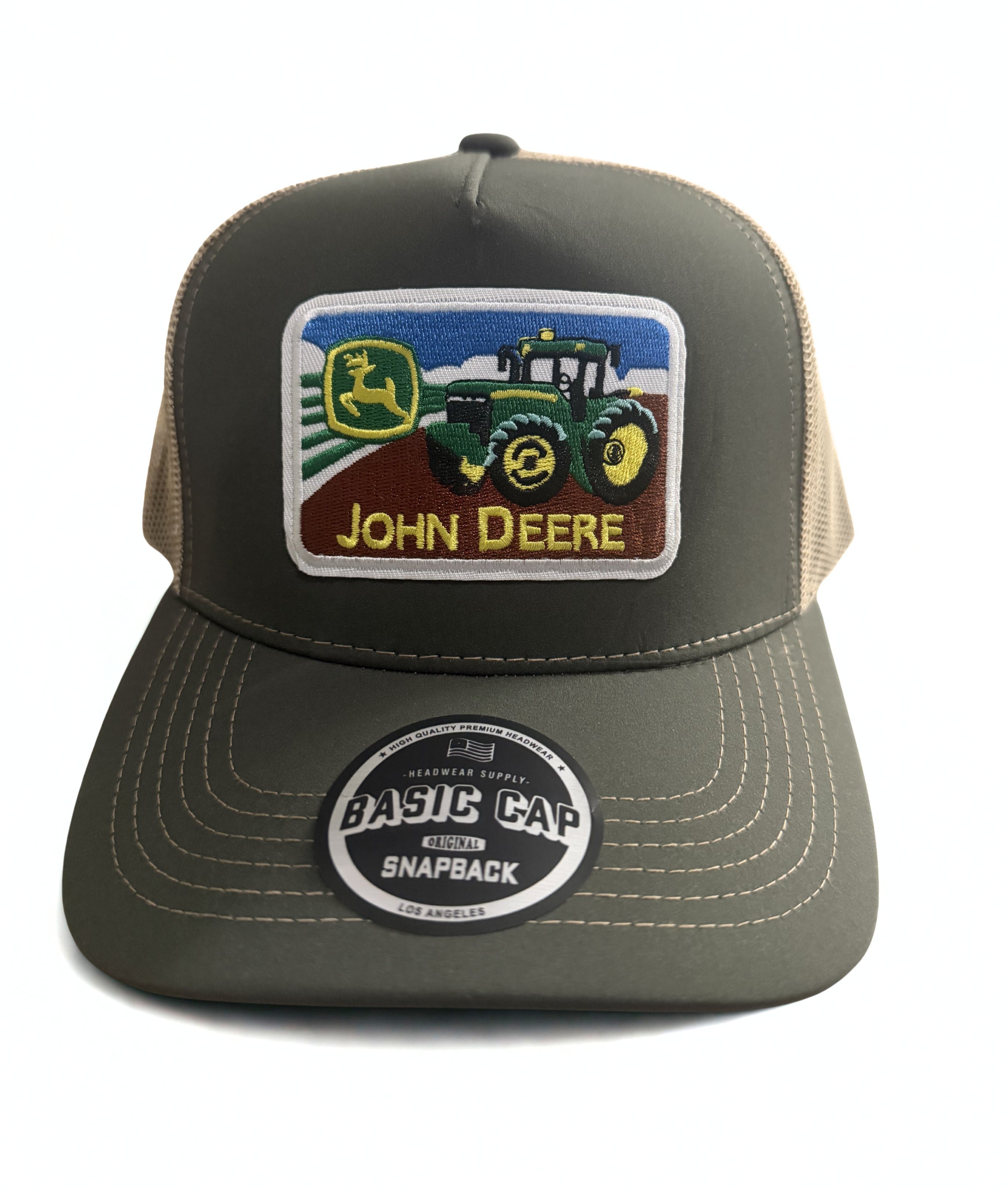 John Deer Snapback Hat Twill  Embroidered Classic Logo Adjustable Trucker Cap Green/Beige