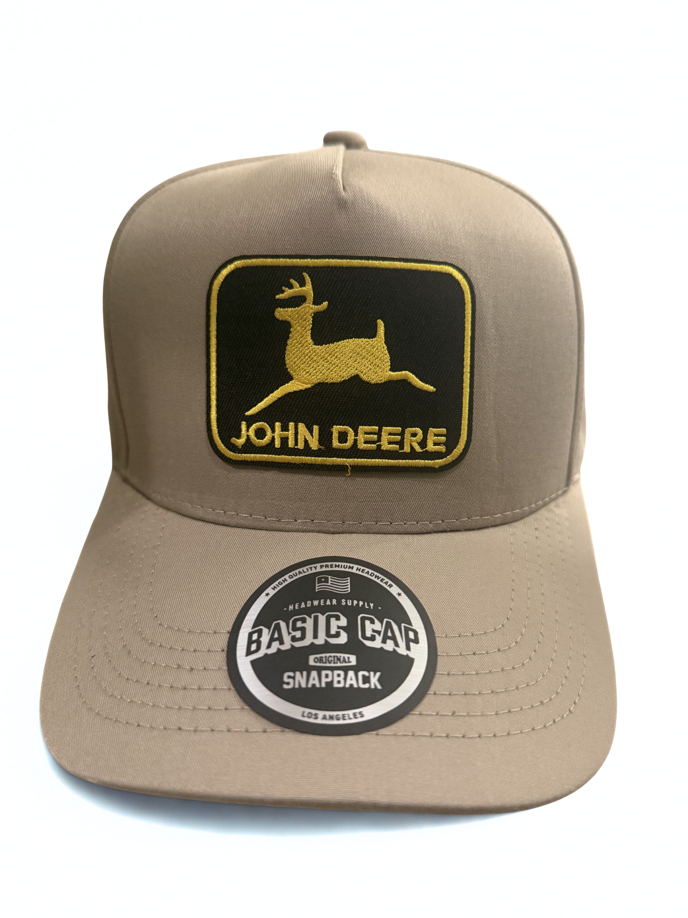 John Deer Snapback Hat Twill Gold Embroidered Logo Adjustable Trucker Cap Beige
