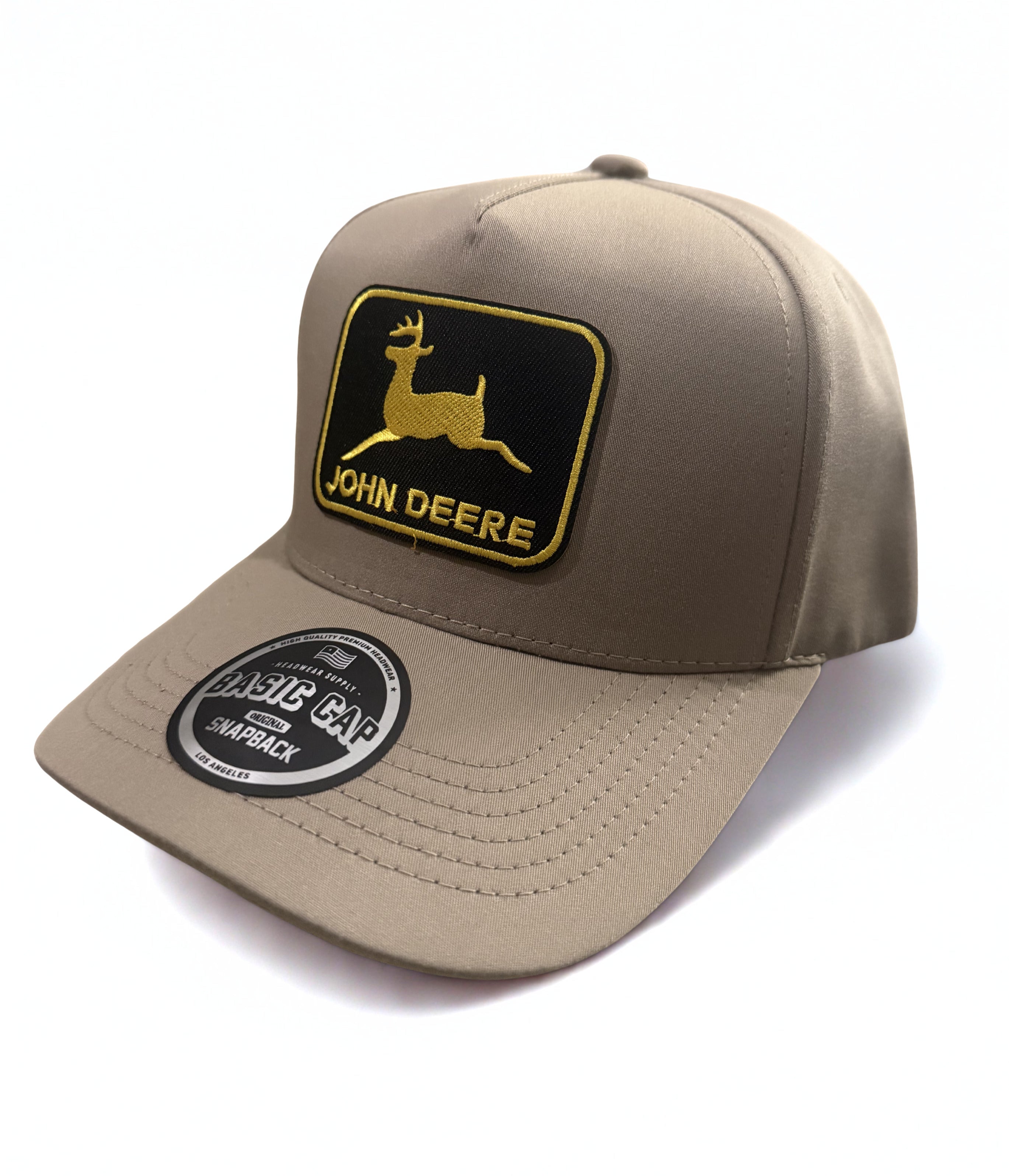 John Deer Snapback Hat Twill Gold Embroidered Logo Adjustable Trucker Cap Beige