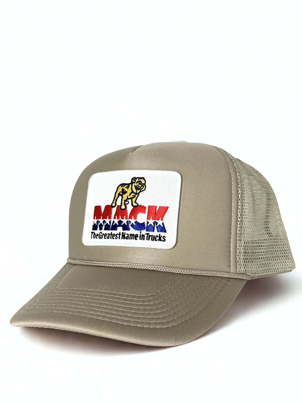Mack Truck Retro Mack 1970 Embroidered Logo Trucker Mesh Adjustable Snapback Cap Beige White