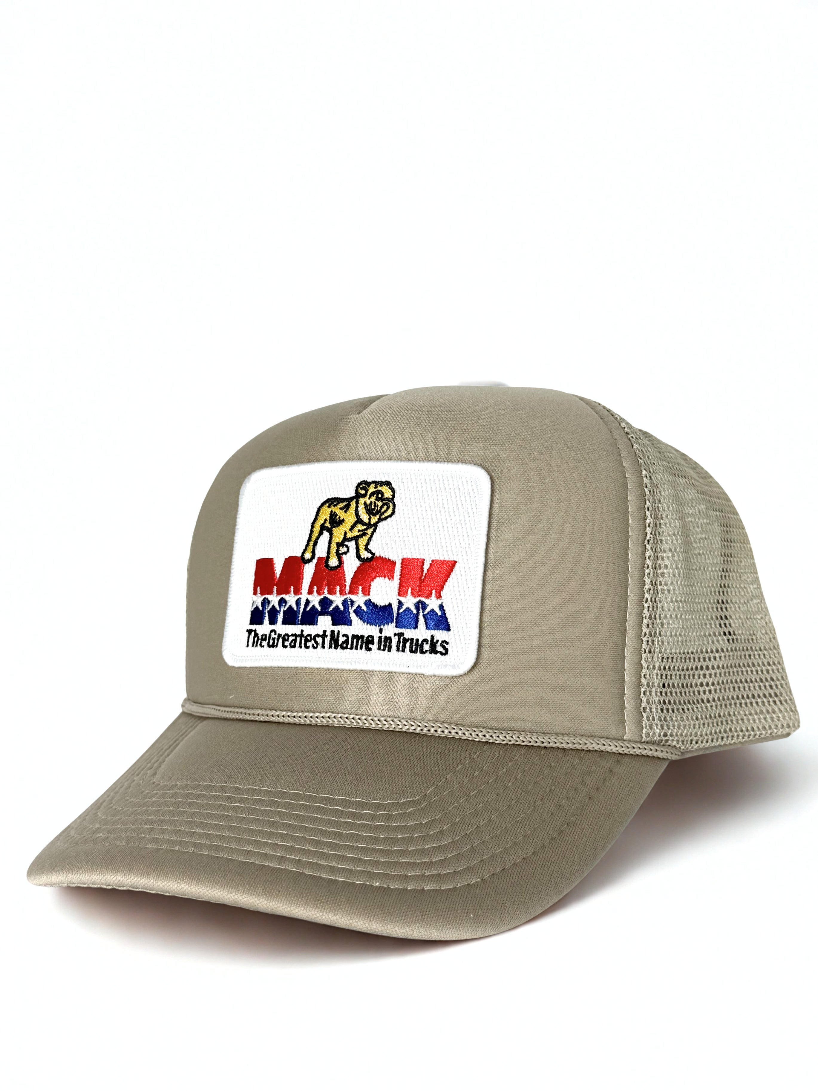 Mack Truck Retro Mack 1970 Embroidered Logo Trucker Mesh Adjustable Snapback Cap Beige White
