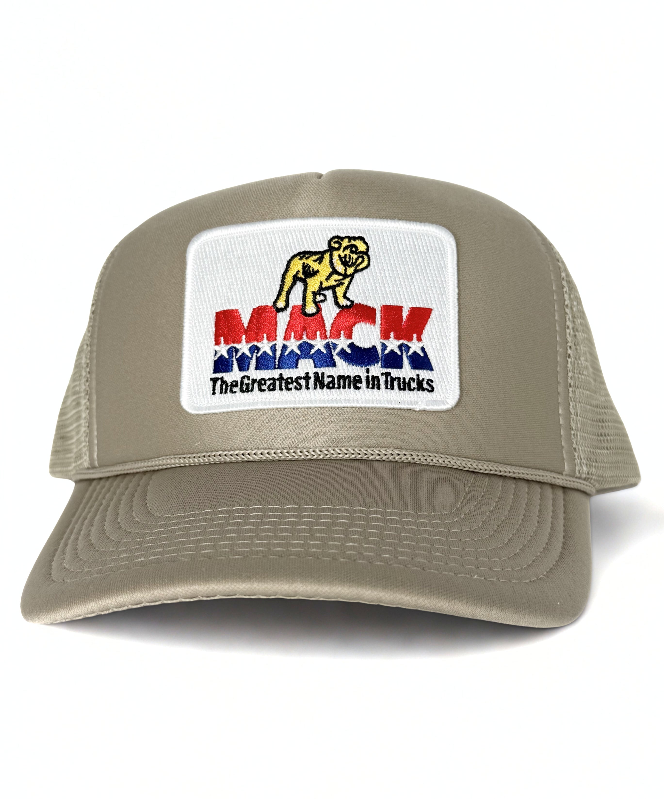 Mack Truck Retro Mack 1970 Embroidered Logo Trucker Mesh Adjustable Snapback Cap Beige White