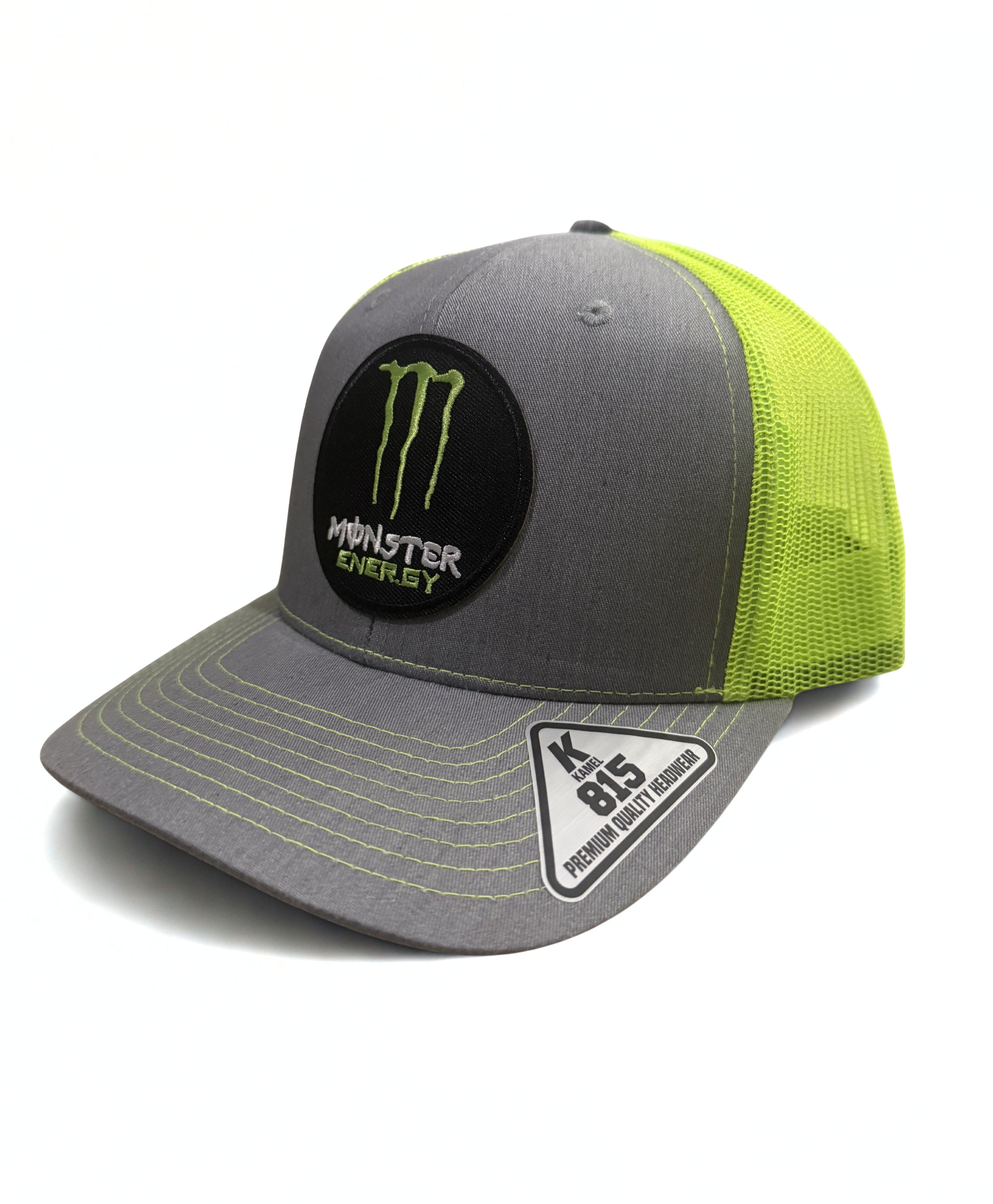 Monster Energy Drink Trucker Hat – Lime Green and Gray Mesh Snapback Adjustable Cap – Premium Black Embroidered Logo Hat