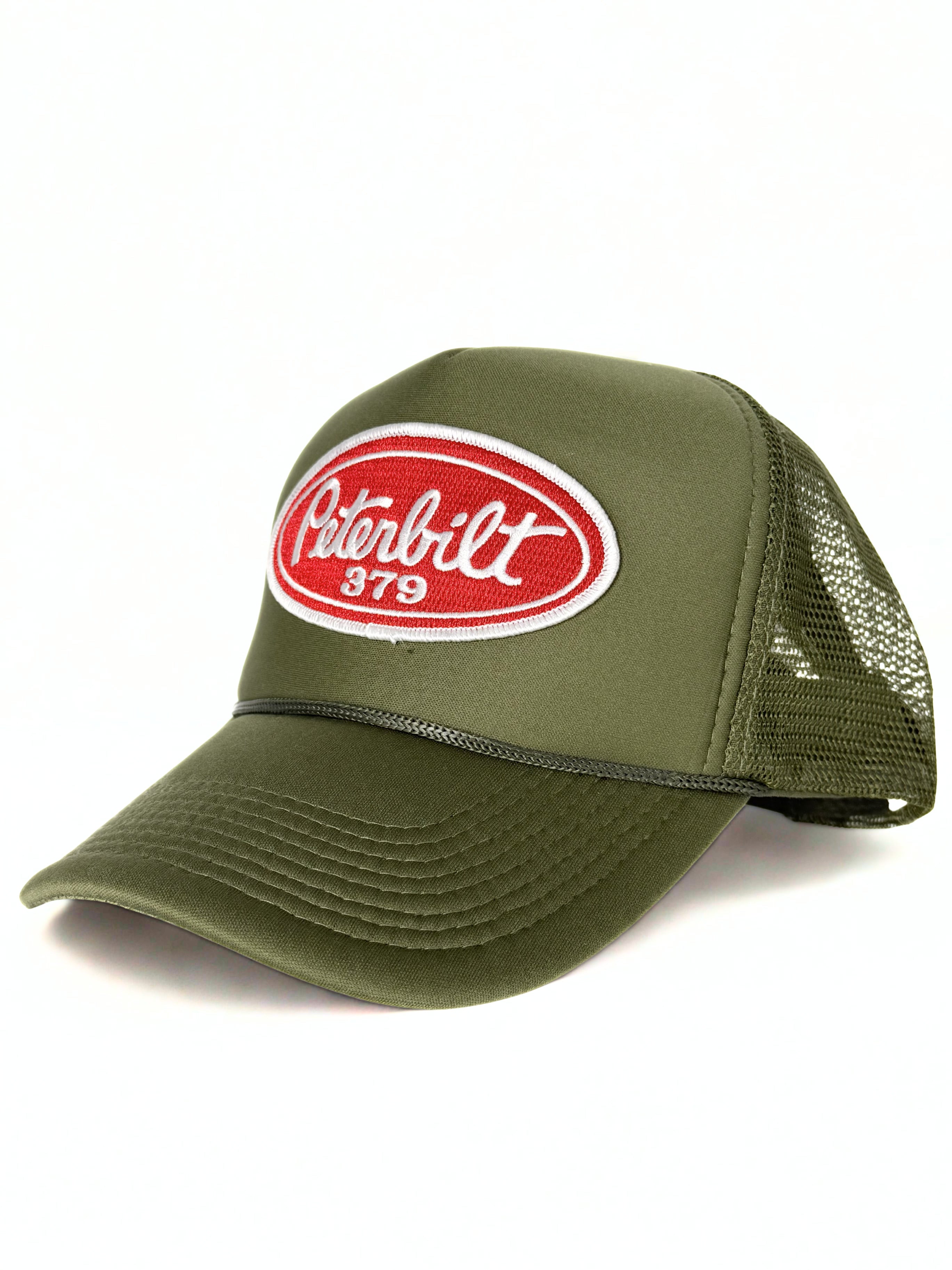 Peterbilt 379 Semi Truck Snapback Trucker Mesh Cap Olive Green and Red Embroidered Adjustable Cap