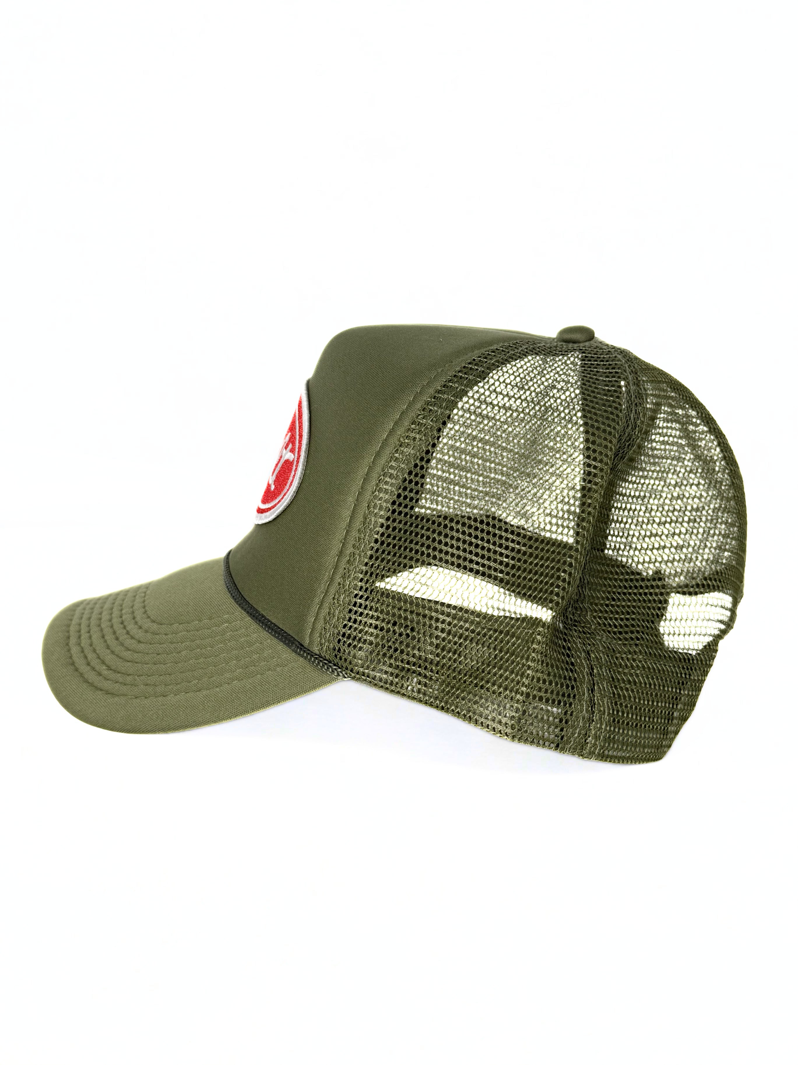 Peterbilt 379 Semi Truck Snapback Trucker Mesh Cap Olive Green and Red Embroidered Adjustable Cap