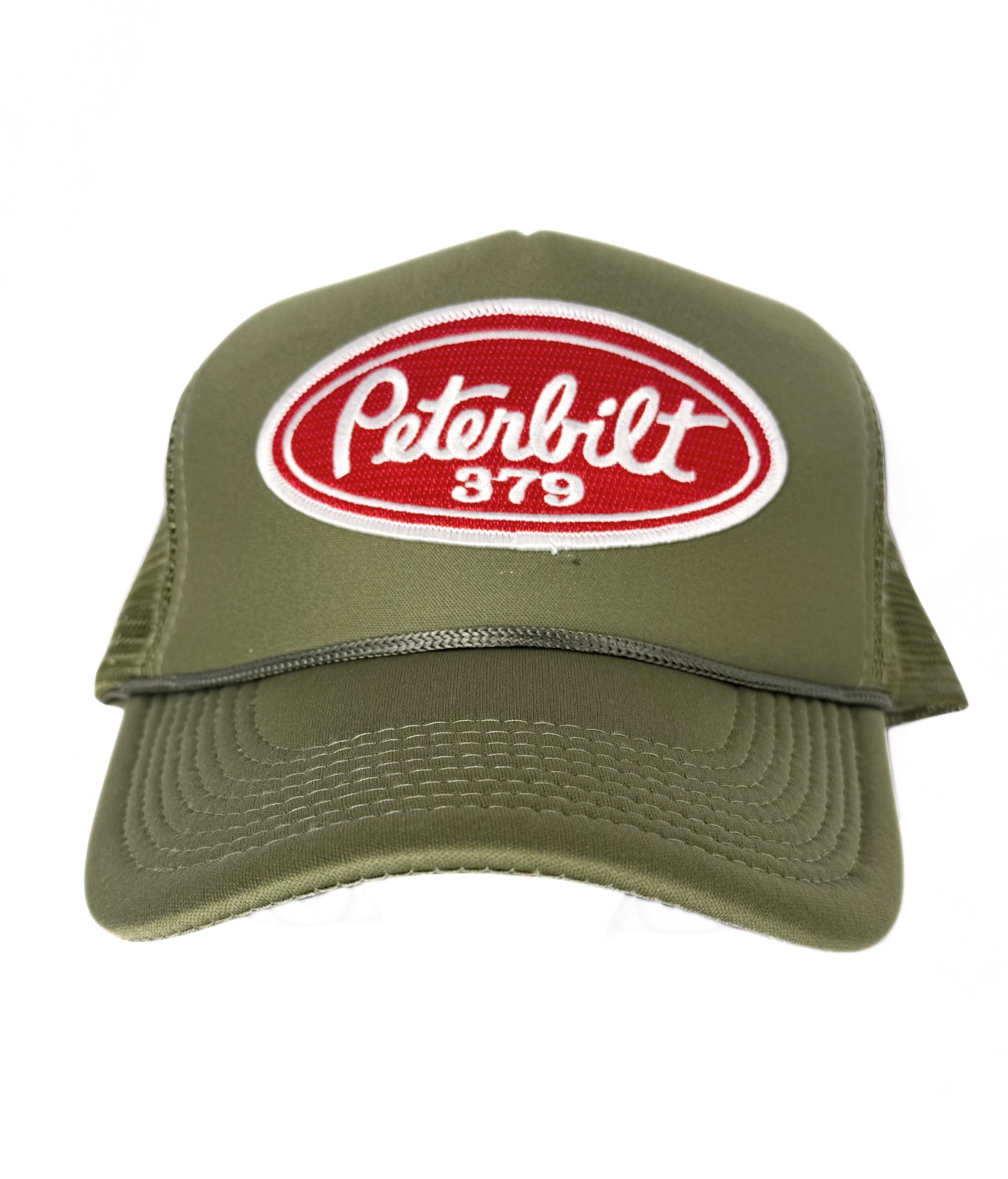 Peterbilt 379 Semi Truck Snapback Trucker Mesh Cap Olive Green and Red Embroidered Adjustable Cap
