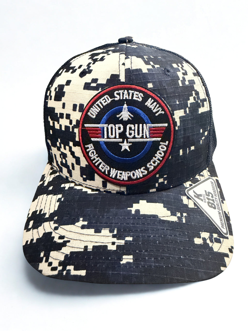 Navy Top Gun Premium Blue Camo Snapback Hat Fighter Weapons School Embroidered Red White and Blue Logo