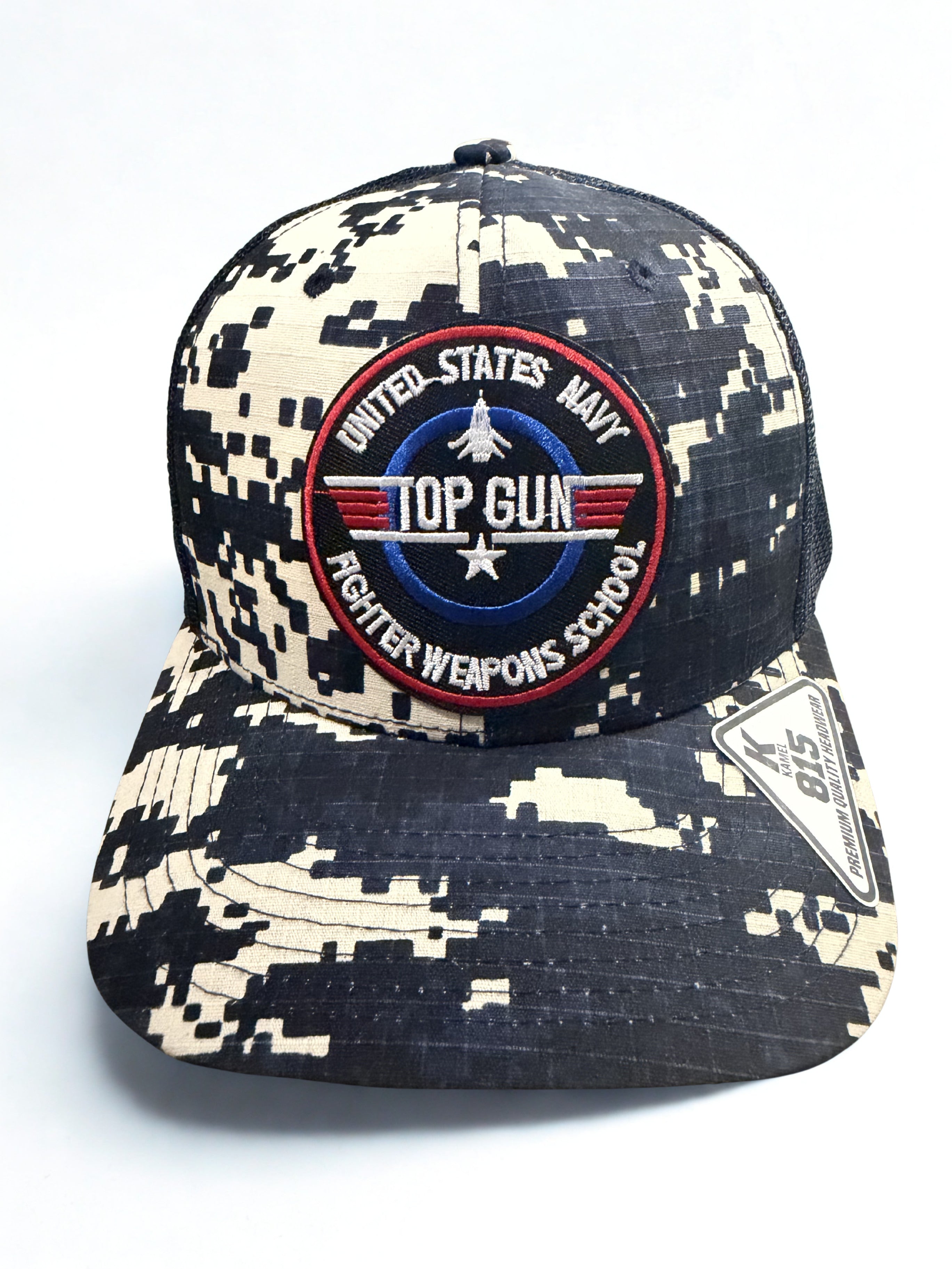 Navy Top Gun Premium Blue Camo Snapback Hat Fighter Weapons School Embroidered Red White and Blue Logo