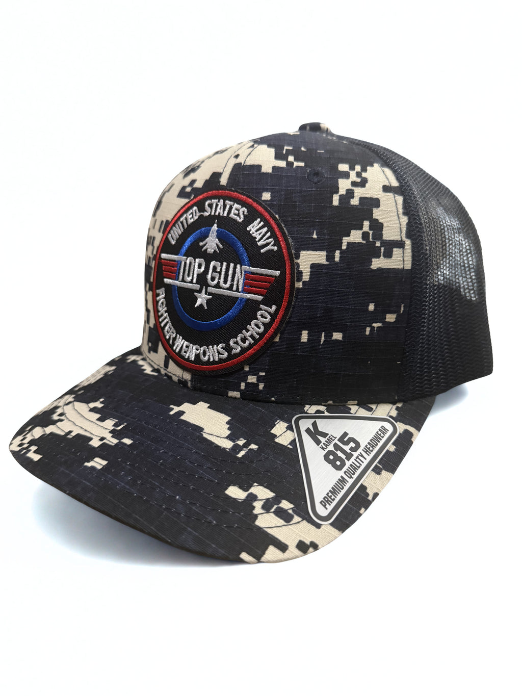 Navy Top Gun Premium Blue Camo Snapback Hat Fighter Weapons School Embroidered Red White and Blue Logo