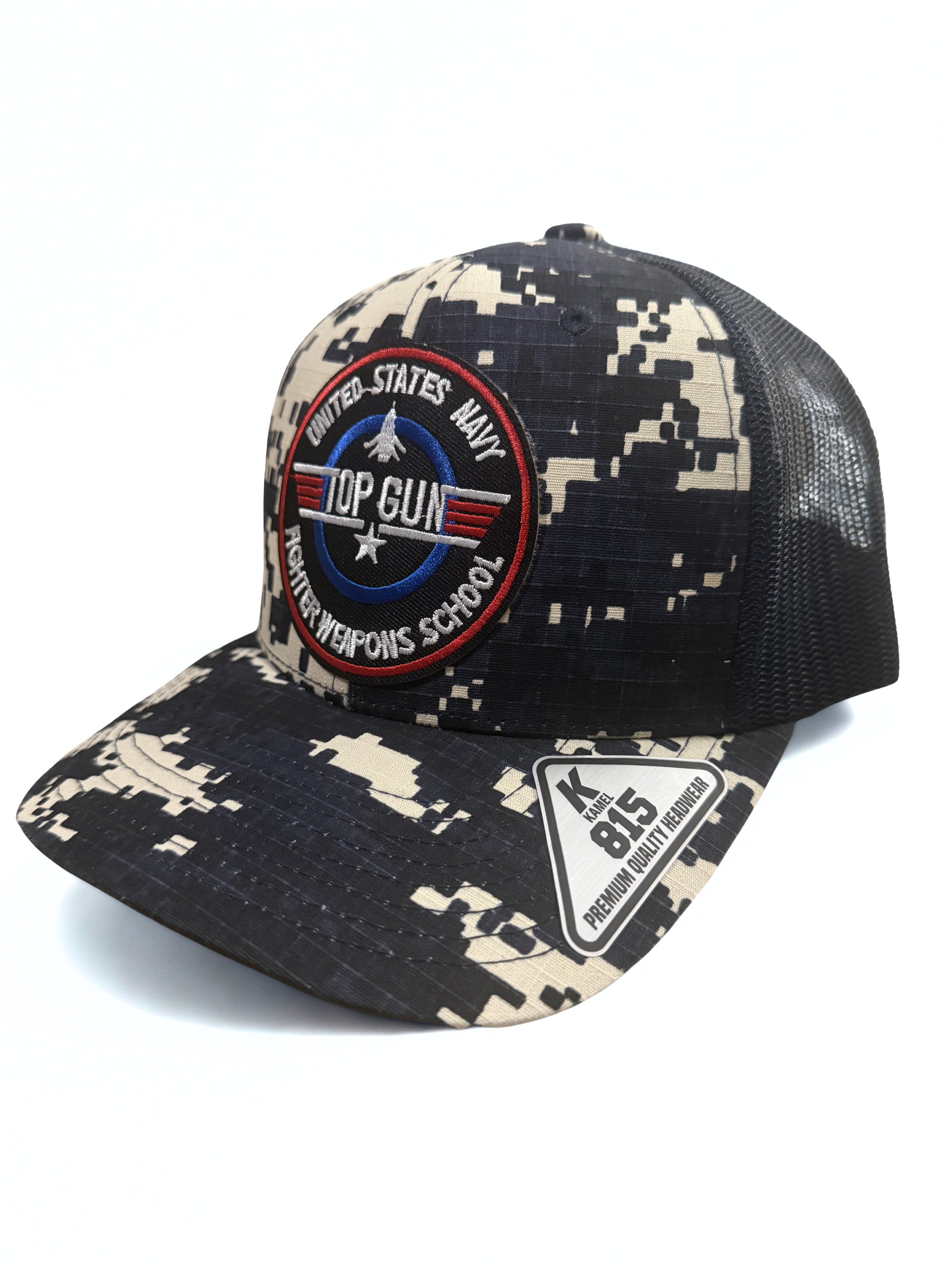 Navy Top Gun Premium Blue Camo Snapback Hat Fighter Weapons School Embroidered Red White and Blue Logo